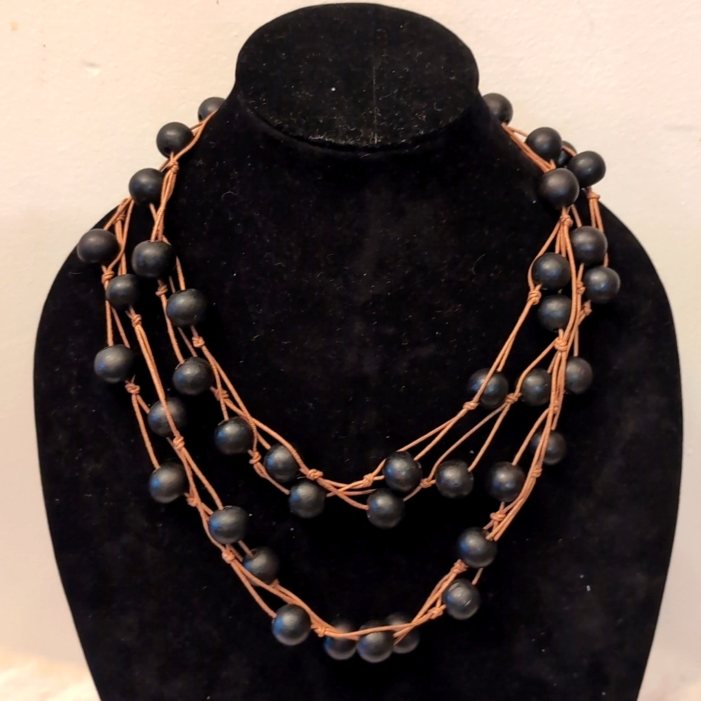 Black Wooden Beaded Multi Strand Cord Necklace